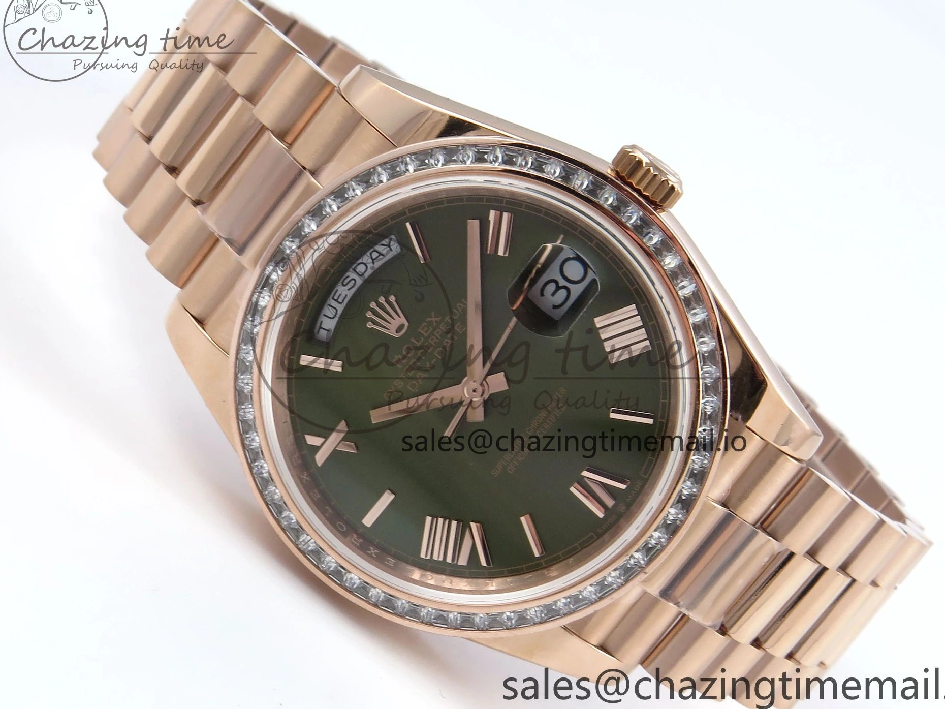 Roman on Weight) DayDate Best Green Dial President V5 A2836 1:1 Bracelet Edition 40 Bezel RG QF Diamonds (Gain 0111